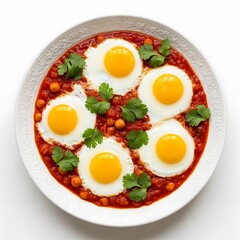 Illustration of delicious shakshuka dish with eggs and chickpeas in a bowl isolated on white background