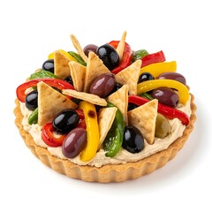 Illustration of delicious savory tart with tortilla chips and vegetables on top isolated on white background