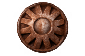 Rusty metal cogwheel element showcasing weathered texture and erosion, a circular industrial mechanism. Transparent background
