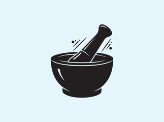 Black mortar and pestle icon with traditional rounded shape
