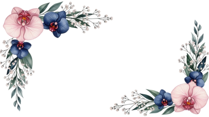 Hand painted luxury watercolor corner frame featuring orchids and baby's breath in navy and blush pink isolated on white background