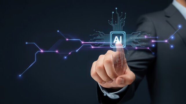 Businessman touching artificial intelligence AI symbol with digital circuit board interface. Concept of machine learning, automation, and futuristic technology in corporate business development. - Powered by Adobe
