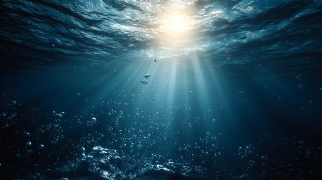 Dramatic Deep Ocean View Looking Up at Intense Sun Rays and Rising Air Bubbles
