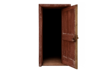 Open wooden door revealing dark mysterious portal, entrance to unknown future, isolating fear and opportunity