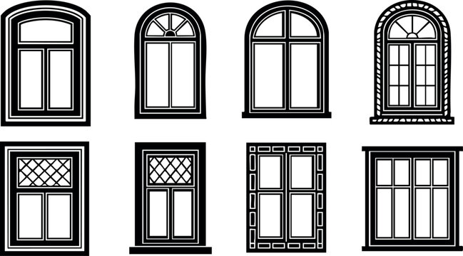 Set of eight classic vintage window frames with different arched and rectangular designs vector illustration