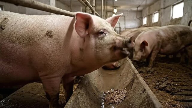 Hungry Pigs Eating From Farm Trough