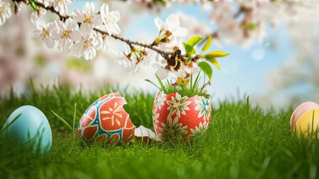 Decorated eggs rest on fresh spring grass with painted floral patterns and bright colors. A butterfly hovers nearby among soft-focus blossoms and warm natural light. The scene evokes seasonal renewal 