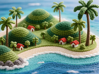 A bright crochet 3D model landscape diorama of Koh Samui, Thailand