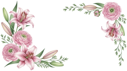 Hand painted luxury watercolor botanical corner with lilies and ranunculus in sage green and blush isolated on white background
