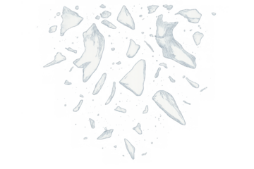 Flying glass shards breaking, transparent fragments exploding from an impact, depicting destruction and shattered reality