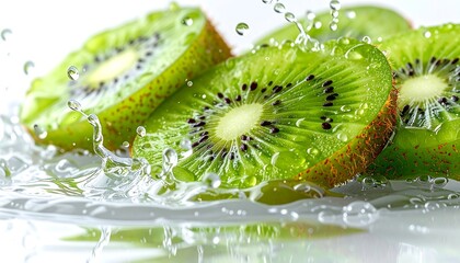 Fresh Kiwi Slices in Water Splash for Refreshing Taste.