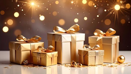 Several elegant gold gift boxes tied with bows are displayed, sparkling with celebratory bokeh lights on a reflective surface