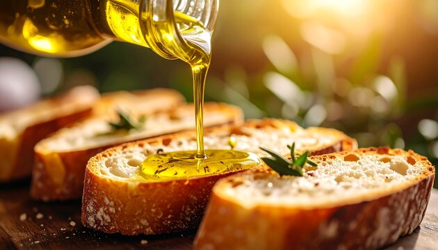 A close-up shows olive oil being poured over crusty bread slices. The light is golden, and rosemary rests on the bread