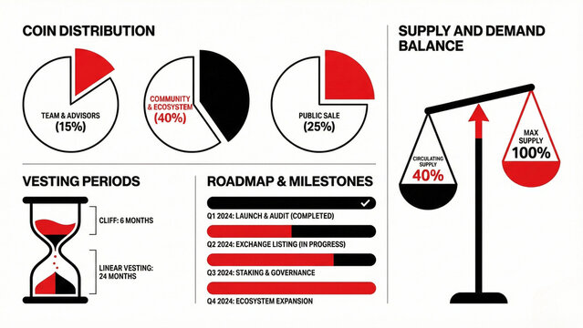 Cryptocurrency Tokenomics Infographic with Coin Distribution, Vesting Periods, Roadmap and Supply Balance