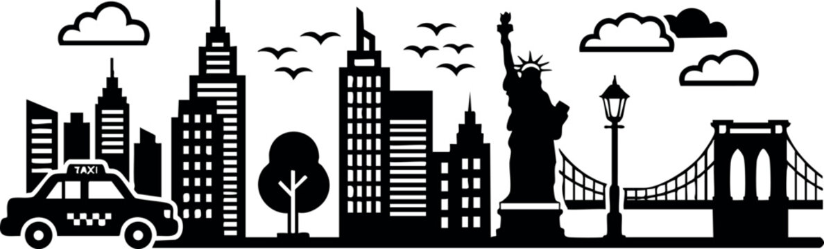New York City skyline with Statue of Liberty and Brooklyn Bridge vector silhouette in black and white urban landscape design