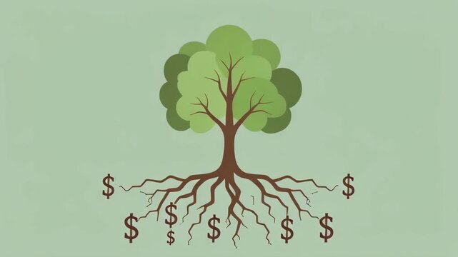Minimalist Motion Graphic of Seed Growing into Abstract Tree with Dollar and Chart Roots &mdash; Long-Term Financial Planning, Passive Income, Sustainable Wealth Concept
