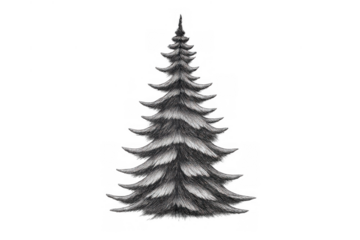 Fir tree pencil drawing creating concept of winter forest landscape, hand drawn pine tree illustration on transparent background