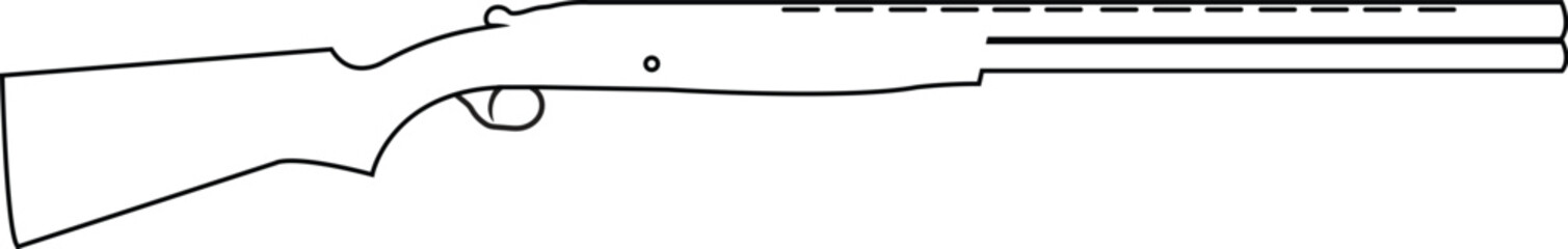 Simple black and white line art outline of a pump-action shotgun or hunting rifle, representing firearms, hunting sports, outdoor recreation, shooting ranges, and weapon safety concepts. © Michael