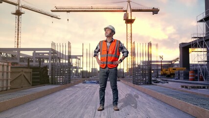 Full Body Of Asian Male Engineer Wearing Safety Helmet Looking Around While Standing With Arms Akimbo at Construction Site with Tower Cranes and Building Foundations