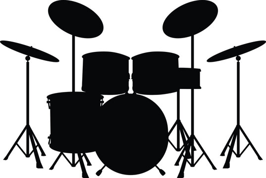 Black silhouette illustration of a complete drum kit with cymbals, snare, and bass drum, representing live music performances, rock bands, percussion instruments, and musical entertainment.