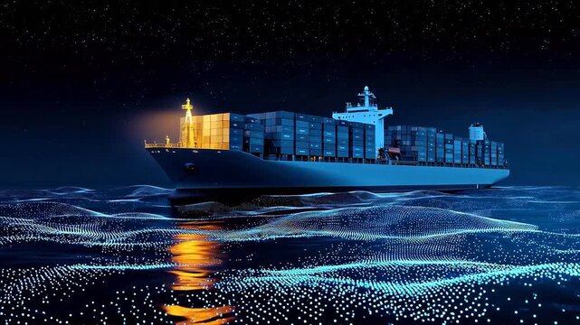 Container ship at night on digital sea
