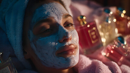 Skin care ,spa ,beauty, and perfume products, conveying self-care routines luxurious atmosphere and the promotion of natural beauty