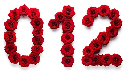 Floral Numerals - Red Roses Forming the Numbers 0, 1, and 2.