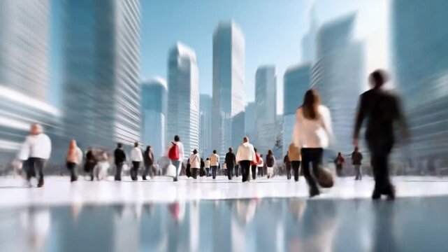 Dynamic Urban Flow: A bustling crowd of figures moves purposefully across a modern cityscape, their silhouettes blending into a symphony of urban life and architectural grandeur.  