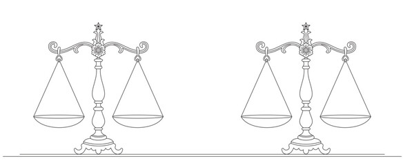 Ikon timbangan. Garis seni dua timbangan keadilan. Timbangan vintage dalam keseimbangan dan kesetimbangan. Desain ikon vektor garis seni timbangan keadilan.