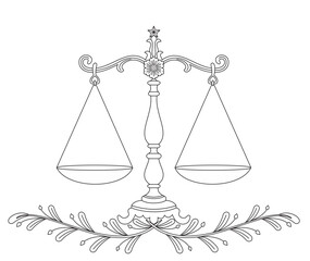 Scales icon. Line art of scales of justice. Vintage scales in balance and equilibrium. Line art vector icon design of scales of justice.