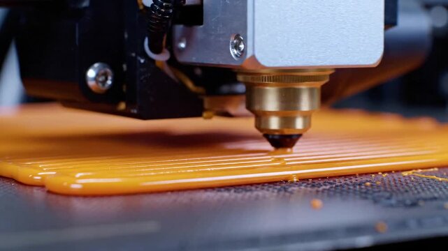 Close up of 3D printer nozzle extruding bright orange plastic onto a build plate, demonstrating additive manufacturing concept and industrial technology