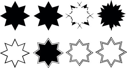 Set of eight black and white star shapes with sharp points vector design elements for decoration and graphic use