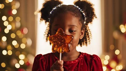 Cute african american girl holding a shimmering star lollipop and smiling happily in a festive holiday setting for childhood wonder and holiday season concept with festive joy