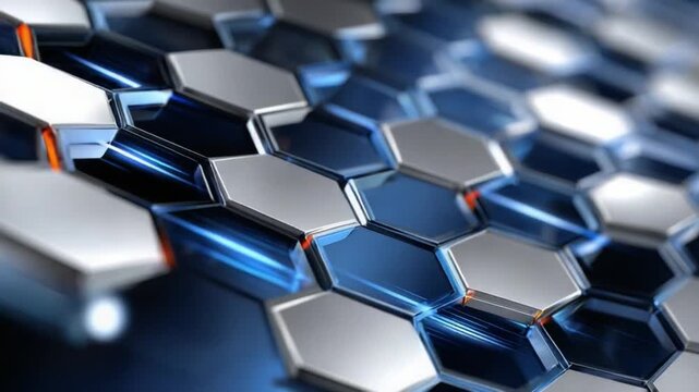 Hexagonal Abstract: A close-up view of a modern geometric design composed of interconnected hexagonal shapes in shades of silver, blue, and orange, showcasing sleek lines and a futuristic aesthetic.
