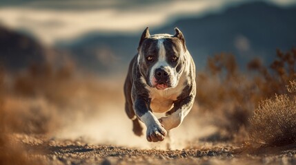 Powerful American Bully dog running fast in desert