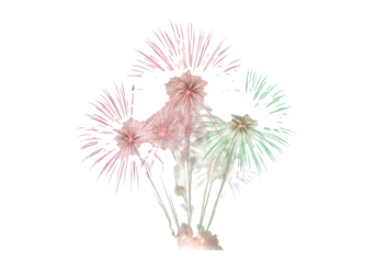 delicate pyrotechnic bursts in soft rose gold, pale mint, and luminous champagne gold, high-speed flash capture on a transparent studio background with copy space. concept of elegant festive