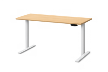 Modern sit-to-stand adjustable desk, featuring a natural wood top and white metal legs. Ideal for a flexible office workspace