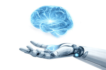 Robot hand holding a glowing blue neural network brain representing artificial intelligence and futuristic technology