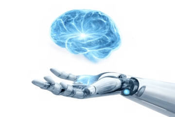 Robot hand holding a glowing blue neural network brain representing artificial intelligence and futuristic technology