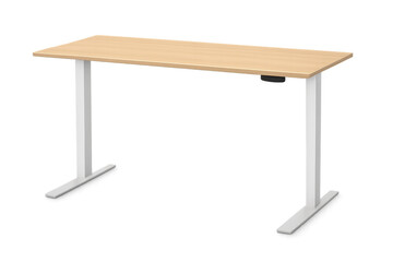 Adjustable standing desk with wooden top, promoting a flexible and ergonomic home office or remote workspace