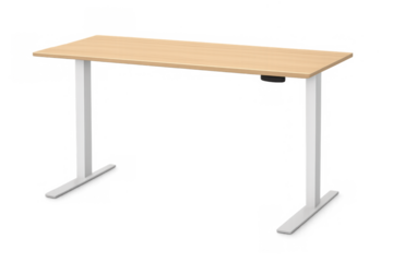 Adjustable standing desk with wooden top, promoting a flexible and ergonomic home office or remote workspace