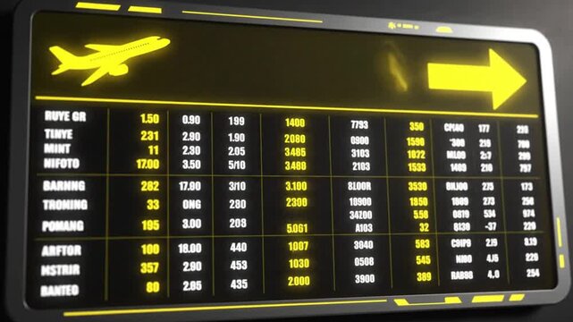 A digital flight schedule display with sleek design and yellow accents.