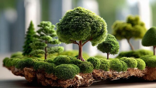 Miniature Ecosystem: A detailed view of a lush miniature ecosystem, showcasing diverse trees and vibrant greenery, highlighting the beauty and interconnectedness of nature