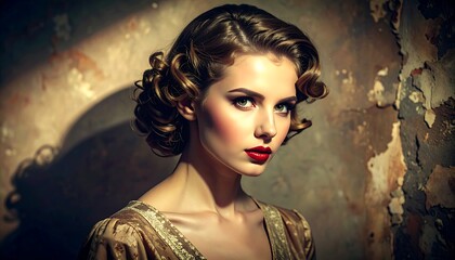 Portrait of a woman with curly hair, bold red lips, and a vintage dress in front of a textured wall