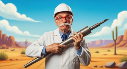 Confused Geologist Holding Giant Core Sample Tool