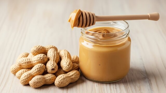 A jar of creamy peanut butter with peanuts and a honey dipper on a wooden surface