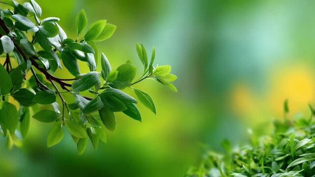 Leafy Serenity: A delicate sprig of fresh green leaves unfurls against a blurred backdrop of verdant nature, embodying a sense of growth and the beauty of the outdoors.