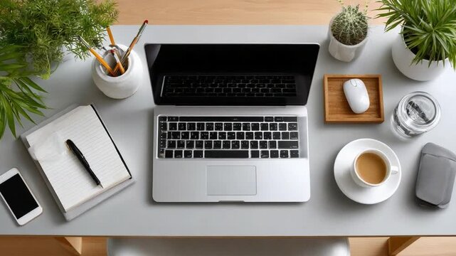 Modern Workspace: An aesthetically pleasing workspace, meticulously arranged with a laptop, stationery, coffee and plant, suggesting productivity and creativity