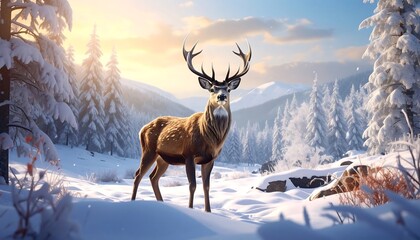 A majestic deer with impressive antlers stands proudly in a snowy landscape. The scene is illuminated by soft sunlight and mountain peaks