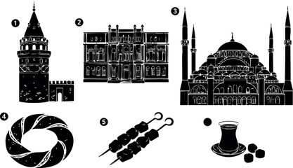 Vector set of Istanbul landmark silhouettes including Galata Tower and mosque with minarets and traditional elements